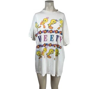 Vintage Looney Tunes Tweety Bird Graphic T-Shirt White 90s Cartoon Large XL